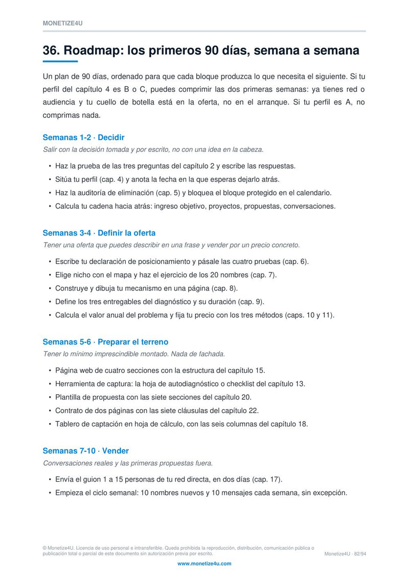 Página del roadmap de los primeros 90 días, semana a semana