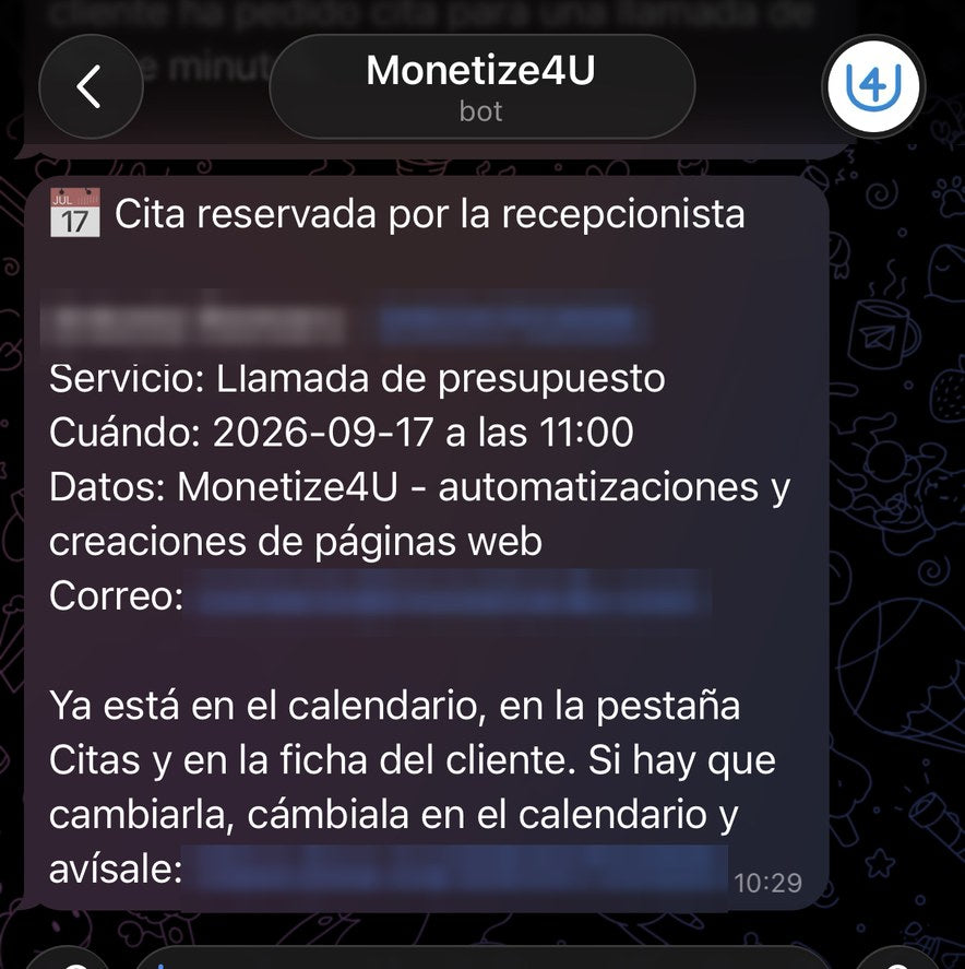 El aviso que recibe el dueño por Telegram con la cita reservada