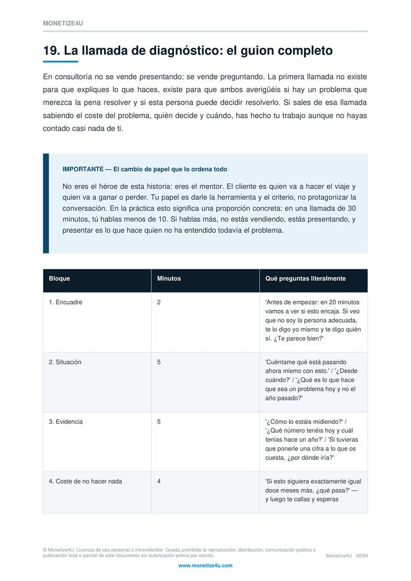 Página con el guion completo de la llamada de diagnóstico