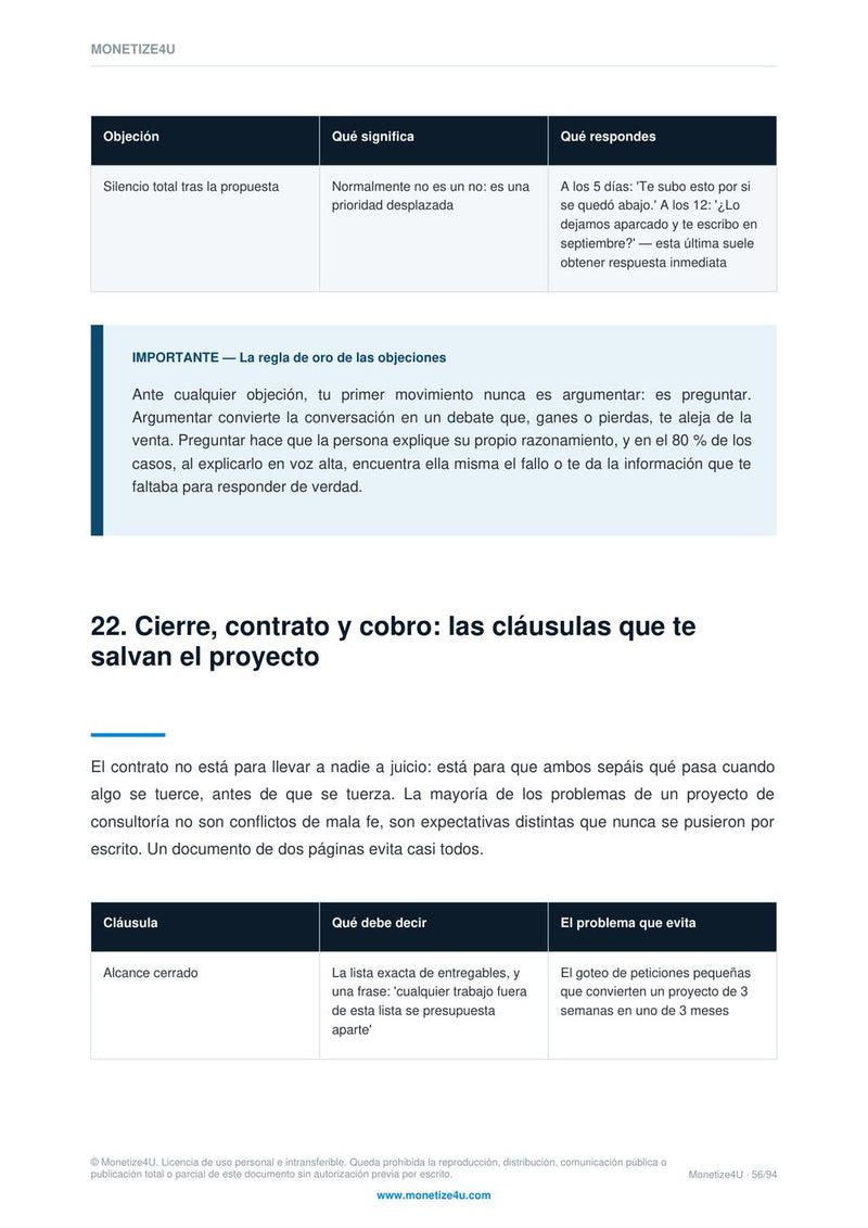 Tabla de objeciones con su significado y la respuesta literal, y tabla de cláusulas del contrato